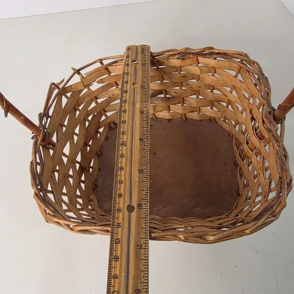 Vintage Woven Wicker Gathering Basket with High Loop Handle Oval Rustic Decor